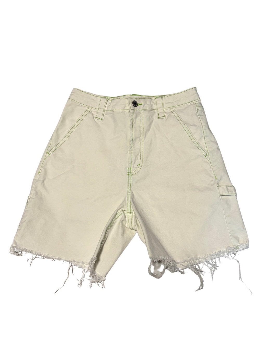 Highest Rise Utility White Denim Cut-off Shorts with Green Stitching